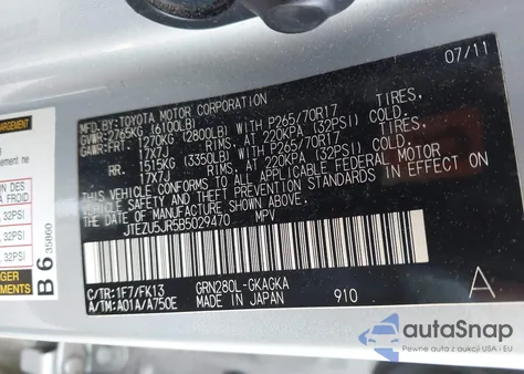 2011 Toyota 4Runner Sr5 V6 from USA, damaged, VIN JTEZU5JR5B5029470